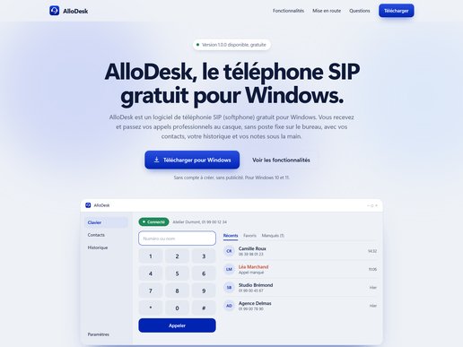 AlloDesk, téléphone SIP gratuit pour Windows